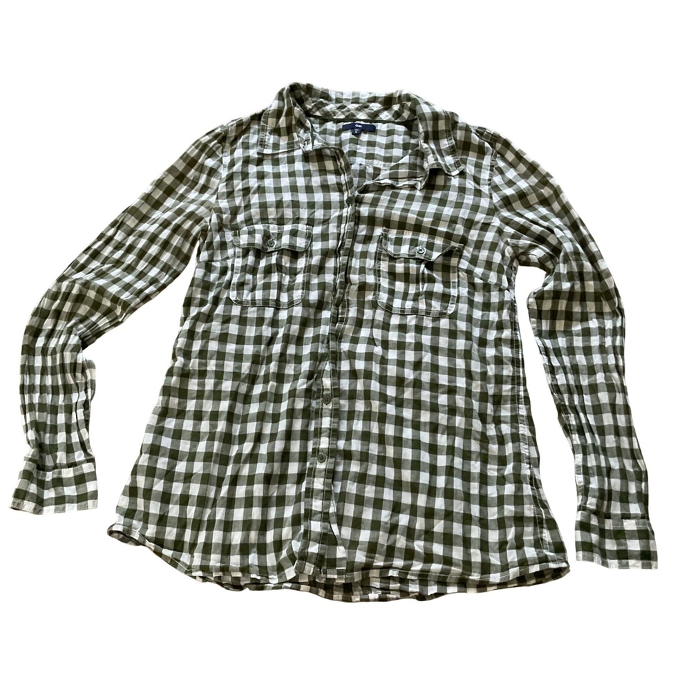 Gap Womens Olive Green Gingham Plaid Button Down Shirt Long Sleeve Size M
